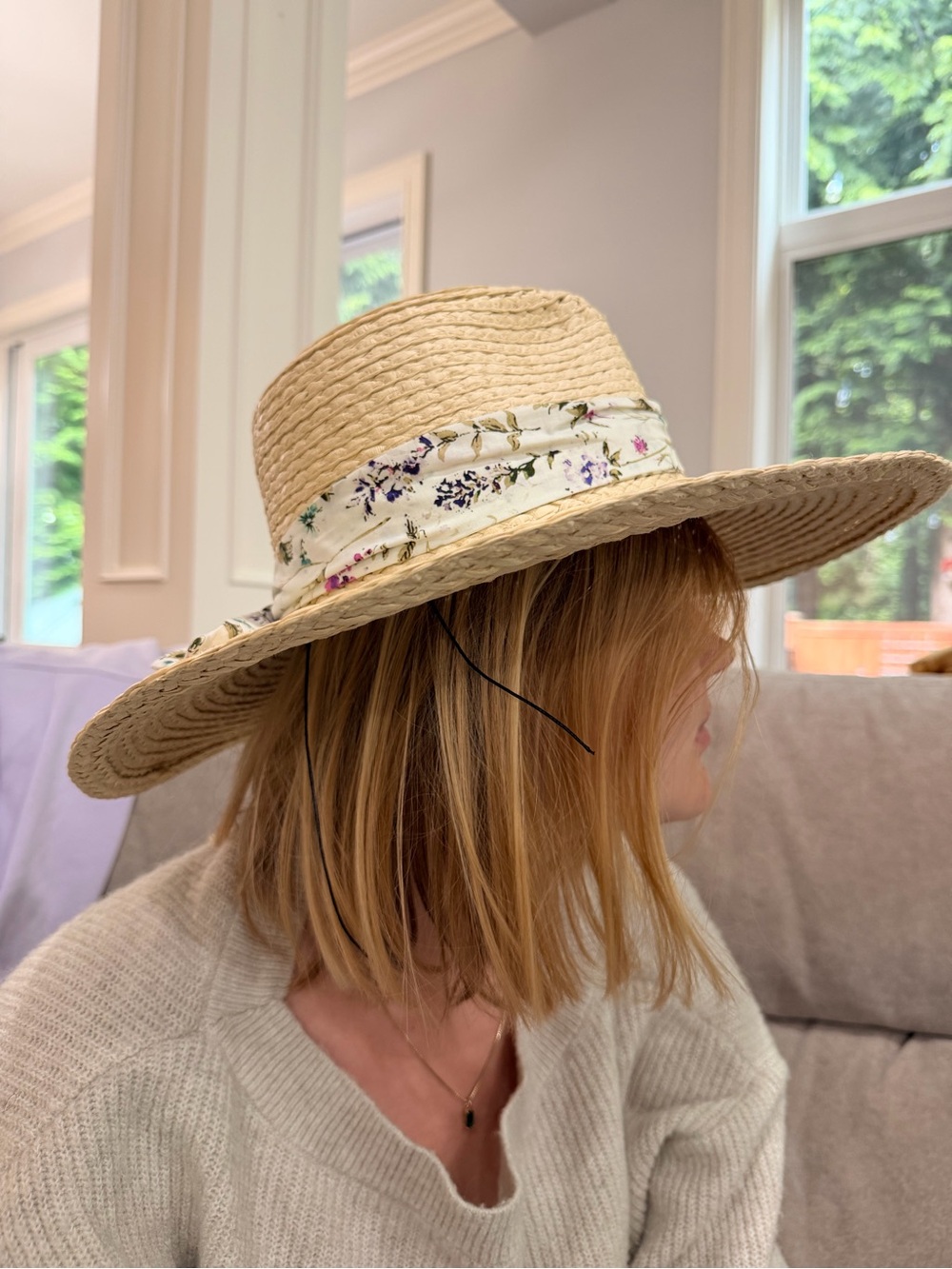 Vince Camuto Wide Brim Straw Sun Hat Floral Band One Size
